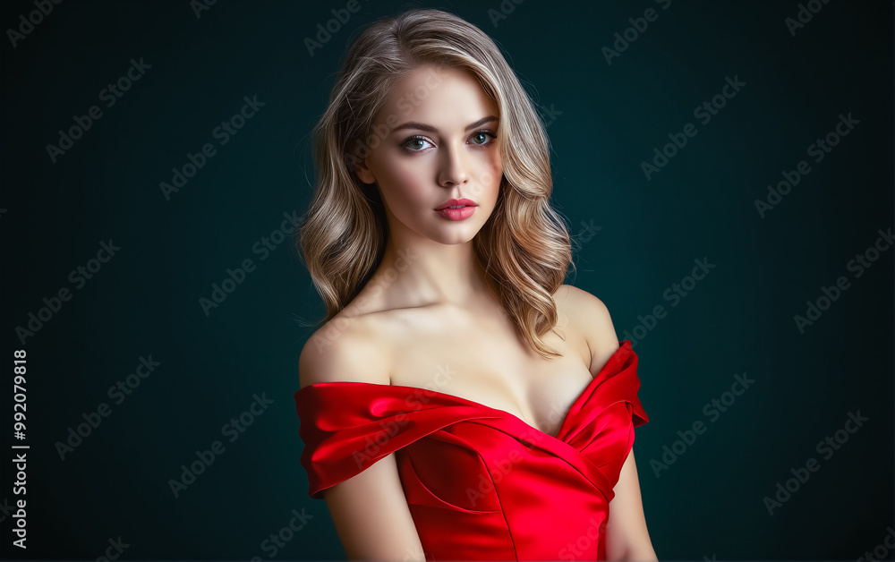 Portrait Attractive young woman in red dress. Outfit for New Year's party. Portrait Attractive young woman in red dress. Outfit for New Year's party.