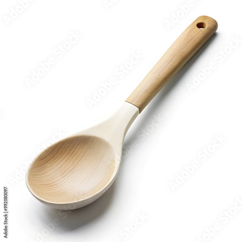 Coking spoon with wooden handle on a plain white background. Generative AI photo