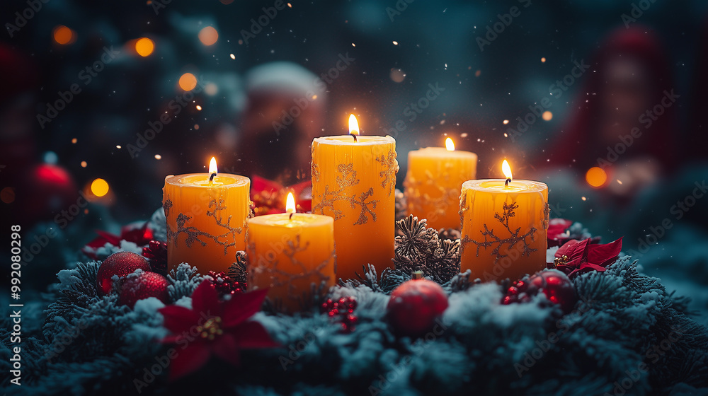 lit candles with decorations and lights during the christmas season, reflecting religious festivities of prosperity, celebration, and meditation