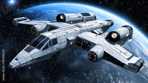 Wallpaper Mural Hypersonic Spaceship Soaring Past Earth - A futuristic spacecraft streaks through the cosmos, leaving the blue marble behind. Torontodigital.ca