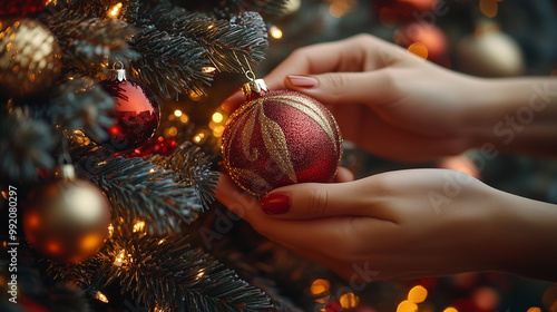 Obraz na płótnie a woman holding a christmas ornament ball for the celebration of prosperity with family, accompanied by a christmas tree w salonie