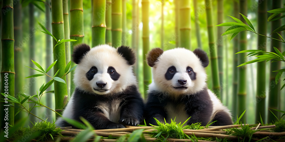 Obraz premium Two baby pandas in a bamboo forest, pandas, baby animals, wildlife, nature, adorable, forest, bamboo, cute