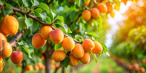 Closeup shot of ripe apricot fruits on trees in orchard during summer harvest, apricot, tree, orchard, ripe, fruit, summer