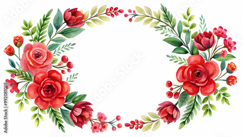 Watercolor red flowers creating a border, wreath, and frame on background, watercolor, red, flowers, border, wreath, frame