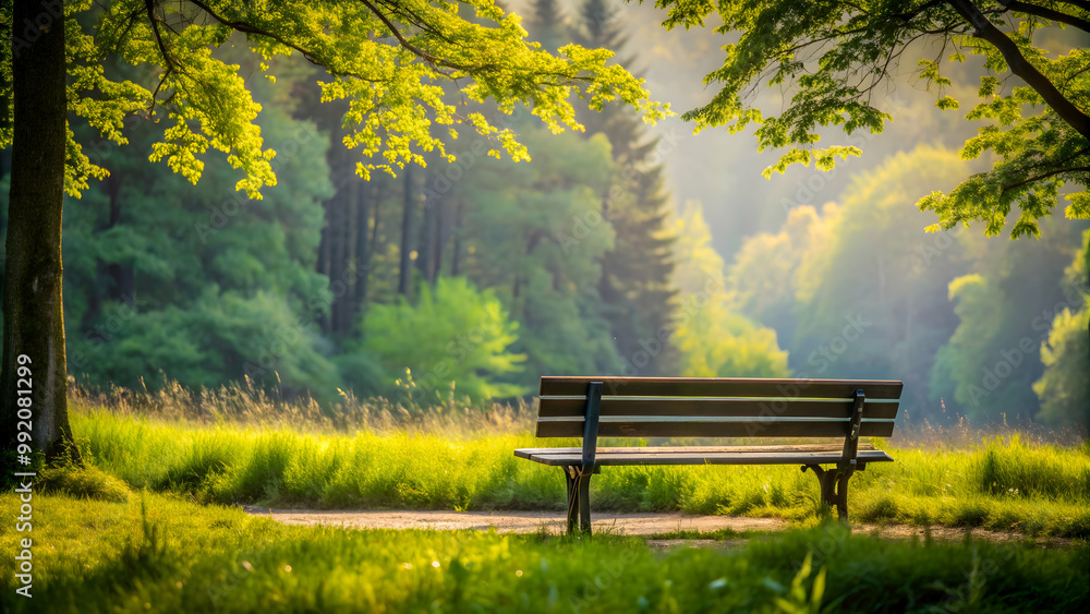 Fototapeta premium Solitary bench in peaceful setting surrounded by nature , bench, solitude, resting place, refuge, relaxation, peaceful