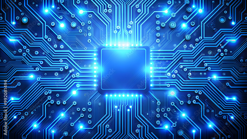 Obraz premium Blue circuit board background with glowing electronic components , technology, circuitry, electronic, innovation