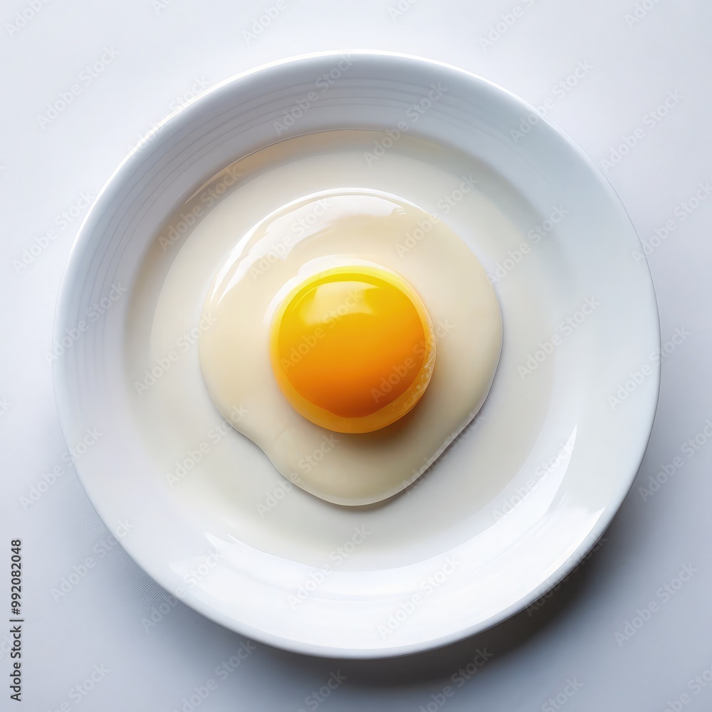 A bright yellow egg yolk sits in the center of a white plate, surrounded by translucent egg whites A bright yellow egg yolk sits in the center of a white plate, surrounded by translucent egg whites