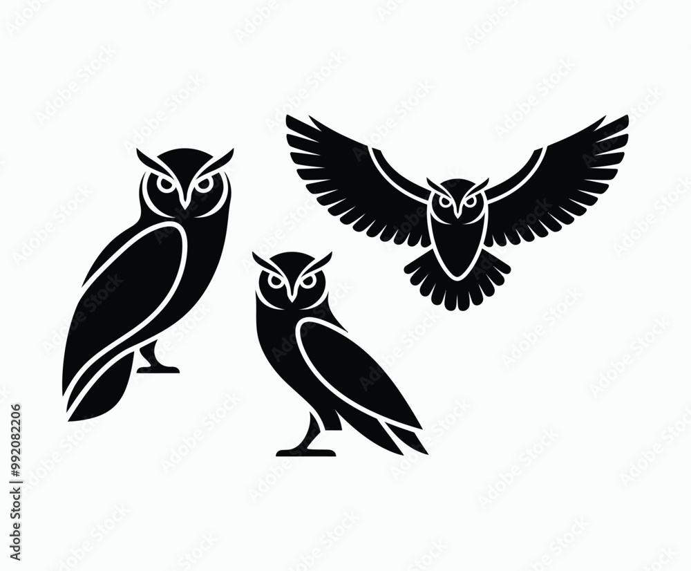 Fototapeta premium Owl bird silhouette editable EPS vector isolated illustration template on a white background