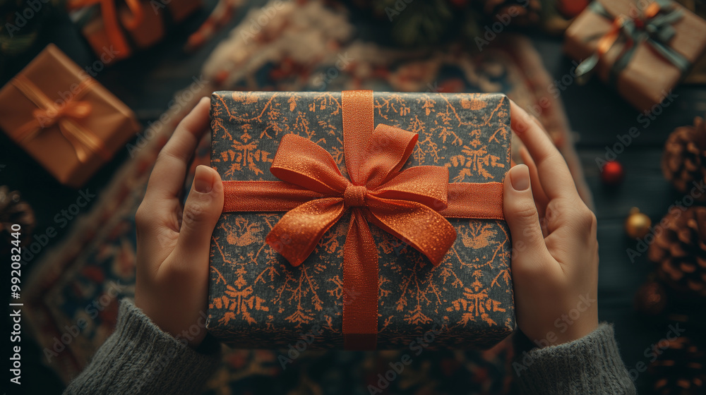 woman's hands holding a christmas gift wrapped with a bow, surrounded by decorations and ornaments, emphasizing shopping with offers and discounts