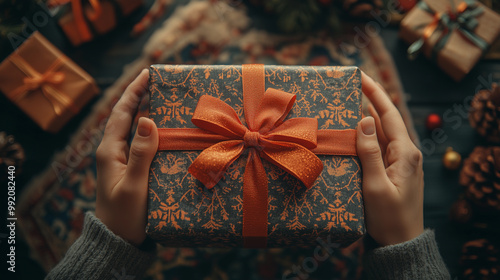Obraz na płótnie woman's hands holding a christmas gift wrapped with a bow, surrounded by decorations and ornaments, emphasizing shopping with offers and discounts w salonie