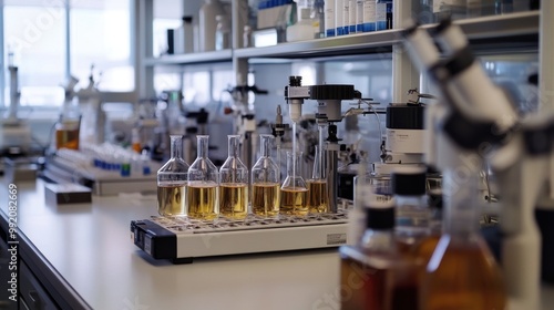 A detailed view of a perfume research environment, showcasing scientists working with fragrance ingredients