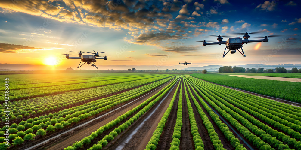 Panoramic view of a high-tech agricultural field with drones monitoring crops from above, technology, agriculture, field Panoramic view of a high-tech agricultural field with drones monitoring crops from above, technology, agriculture, field