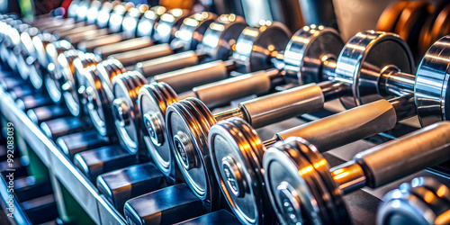 Close-up of shiny dumbbells in a busy gym environment, exercise, fitness, equipment, workout, strength training, weights