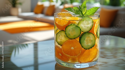 Osage orange fruit detox water cucumber mint served at a luxury spa with sunlit gardens and yoga mats softly blurred in the background promoting hydration and energy Scientific name Maclura pomifera photo