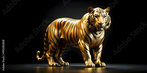 Golden statue of a tiger on black background, golden, statue, tiger, animal, sculpture, majestic, fierce, elegant, wild photo