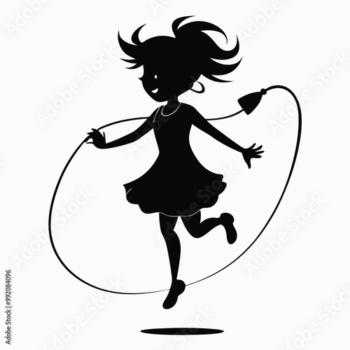 girl jumping rope- vector black- color silhouette