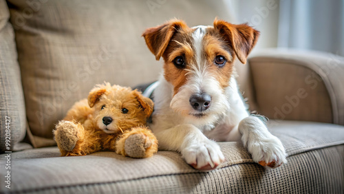 Fox Terrier puppy resting comfortably on a sofa with a favorite toy , Fox Terrier, puppy, lying down, sofa, relaxed, toy, comfortable photo