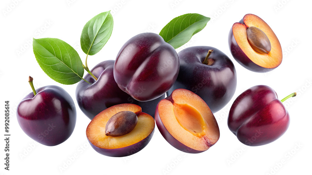 plums with leaves falling in the air isolated on transparent background png plums with leaves falling in the air isolated on transparent background png