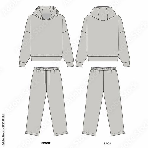 Technical drawing of gray color tracksuit, front and back view. Sketch of basic hoodie with long sleeve. Sketch of straight sweatpants with drawstring. photo