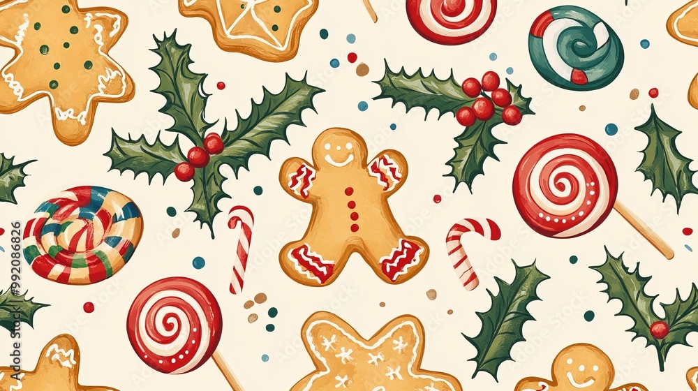 Fototapeta premium Festive pattern with yummy gingerbread cookies, colorful lollipops, green mistletoe, and spiky holly berries. Drawn digitally.