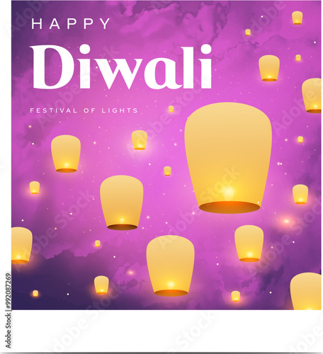 Happy Diwali Light Festival Greeting Card Background Vector. India Diwali Festival Of Lights Banner with Sky Lanterns, Floating Lamps, Flying Lights, Diya Illustration.