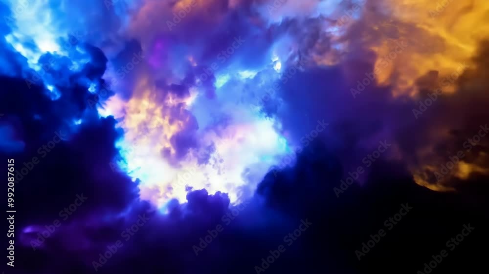 Swirling cosmic clouds in vibrant colors of blue, purple, and gold, creating a mesmerizing nebula-like scene, 4K video Swirling cosmic clouds in vibrant colors of blue, purple, and gold, creating a mesmerizing nebula-like scene, 4K video