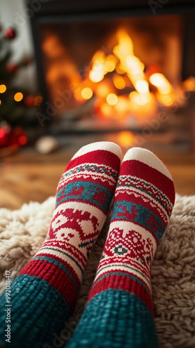 close up of feet in winter socks red during the christmas season, with a cozy fireplace and festive decorations