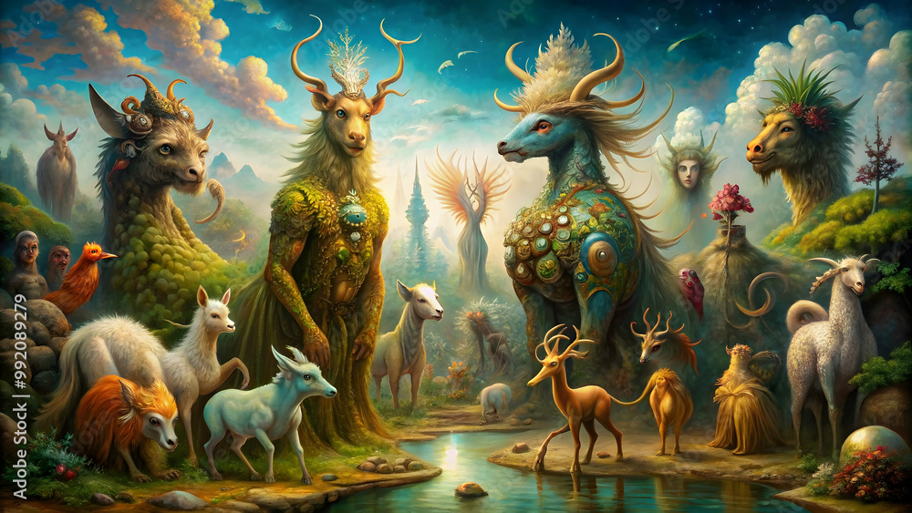 Fototapeta premium Surreal oil painting of mythical creatures intertwined with daily life , fantasy, reality