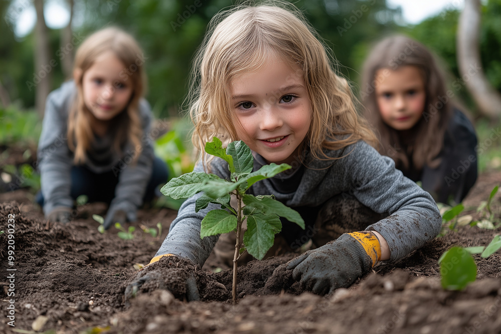 Children planting a tree in a park, representing the future generation's efforts to combat climate change. Children planting a tree in a park, representing the future generation's efforts to combat climate change.