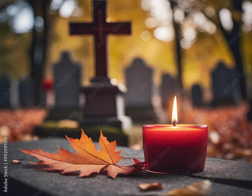 Φωτογραφία All Saints Day candle on the grave. Cemetery in November.