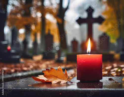 All Saints Day candle on the grave. Cemetery in November.
