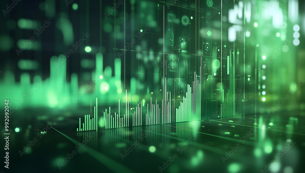 Digital green stock market chart with an upward-trending bar graph Digital green stock market chart with an upward-trending bar graph