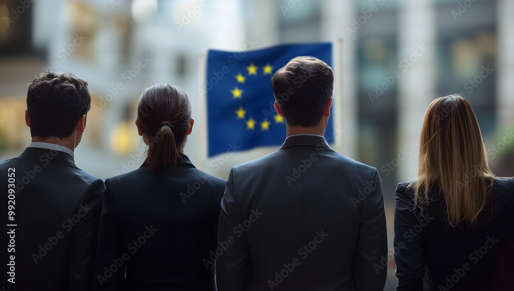 Fototapeta premium Photography of the European mainland with some party members in suits looking at European flag