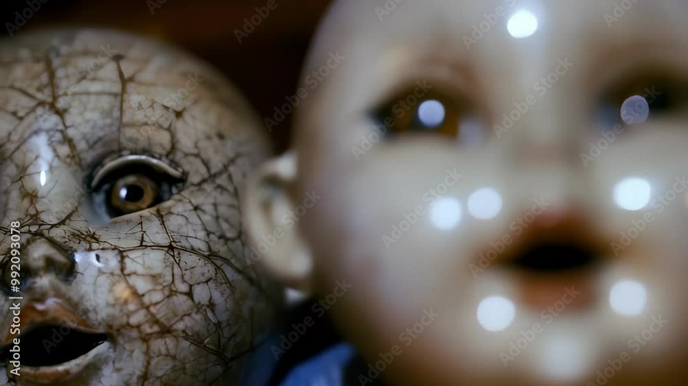Close-up cracked porcelain dolls with haunting expressions creepy and spooky Halloween horror, haunted toys nursery Close-up cracked porcelain dolls with haunting expressions creepy and spooky Halloween horror, haunted toys nursery