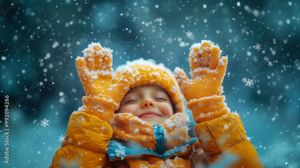 girl in a yellow winter outfit with a happy hat, enjoying the snow and winter outdoors during her holiday childhood