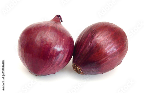 Red onion rings on white background