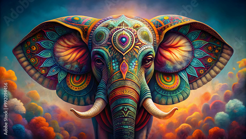 Majestic elephant adorned with intricate boho mandala ears in vibrant hues , elephant, boho, mandala, ears, vibrant, colorful photo