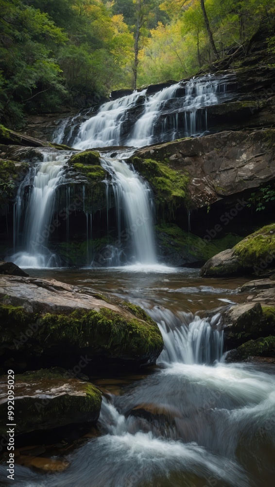 Waterfall cascading over moss-covered rocks surrounded by lush green foliage Waterfall cascading over moss-covered rocks surrounded by lush green foliage