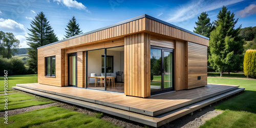 Modern prefabricated modular house constructed from wood panels, wood, house, construction, prefab, modular
