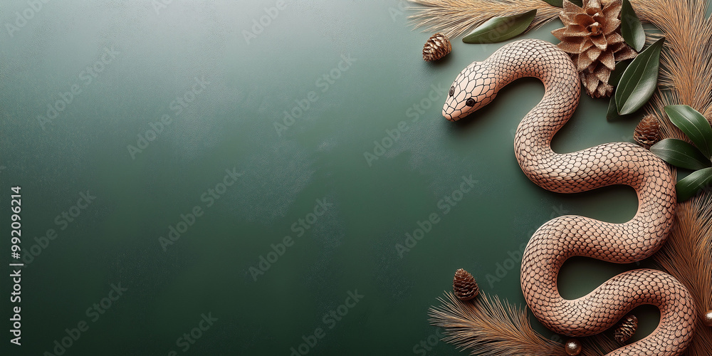 Chinese New Year 2025, wooden snake, green background, pinecones, leaves, holiday, festive, celebration, nature, decoration concept Chinese New Year 2025, wooden snake, green background, pinecones, leaves, holiday, festive, celebration, nature, decoration concept