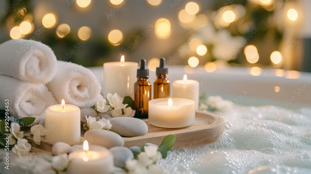 A soothing spa setup is featured with lit candles, rolled towels, essential oil bottles, smooth stones, and surrounding serene bubbles, evoking relaxation and tranquility. A soothing spa setup is featured with lit candles, rolled towels, essential oil bottles, smooth stones, and surrounding serene bubbles, evoking relaxation and tranquility.