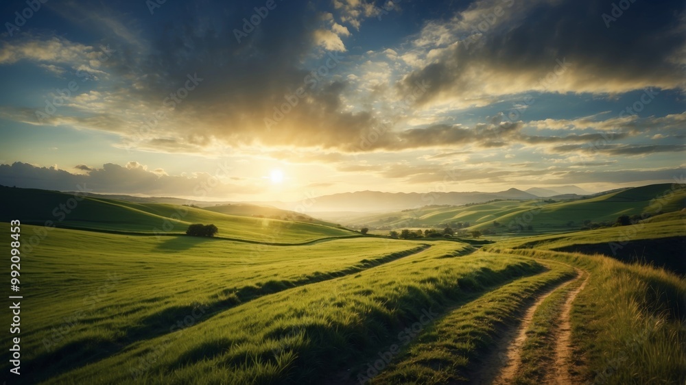 Fototapeta premium Golden hour sunset over lush green hills