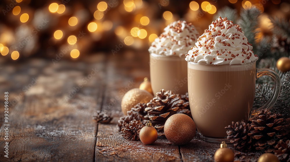 a cup of hot coffee with cream, cocoa, and christmas decorations with lights during the winter season