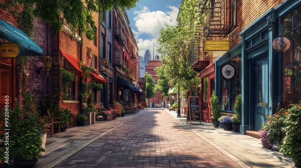 Obraz premium A charming city street with brick sidewalks, colorful storefronts, and urban greenery, captured with a realistic urban backdrop