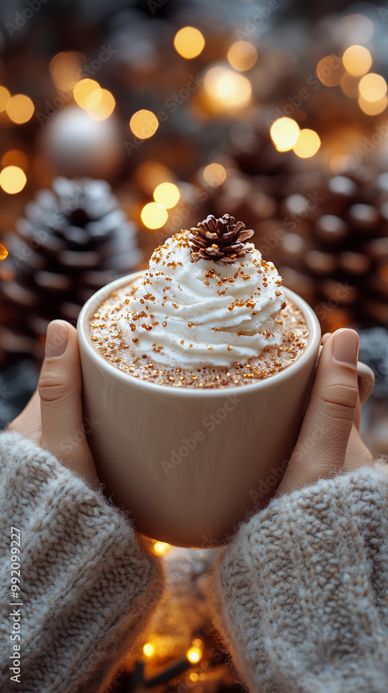 a cup of hot coffee with cream, cocoa, and christmas decorations with lights during the winter season