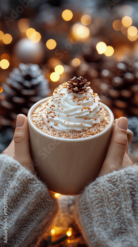 Obraz na płótnie a cup of hot coffee with cream, cocoa, and christmas decorations with lights during the winter season w salonie