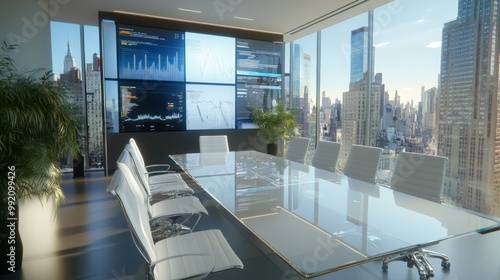 A sleek modern boardroom with white chairs, a glass table, and large windows showcasing a vibrant city skyline. Digital displays feature analytics and data visualizations.