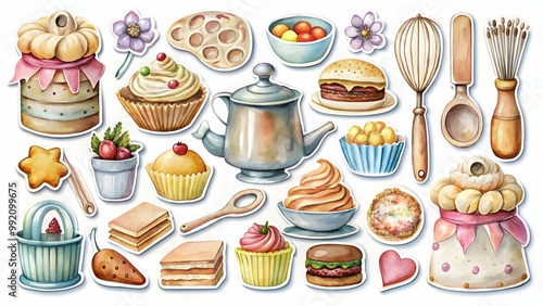 Watercolor s of baking utensils, cakes, cookies in a digital sticker set, baking, delights, watercolor, s photo