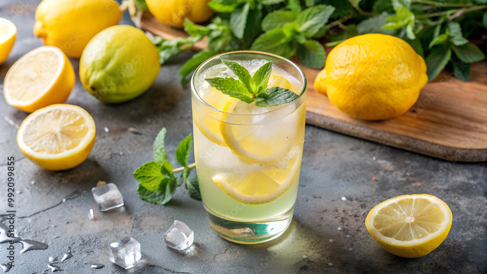 Fresh lemonade with lemon slices and mint on stone table Fresh lemonade with lemon slices and mint on stone table