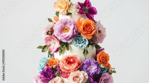 This image features an elegant three-tier cake beautifully adorned with a variety of colorful flowers, showcasing a mix of vibrant and pastel hues, perfect for celebrations. photo